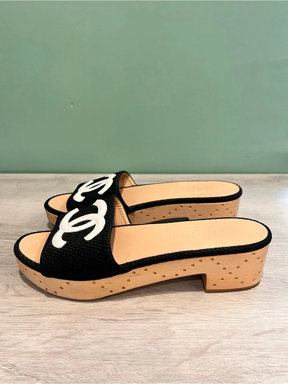 CHANEL Black Slide Mule with White CC Accent Wood Platform Clogs